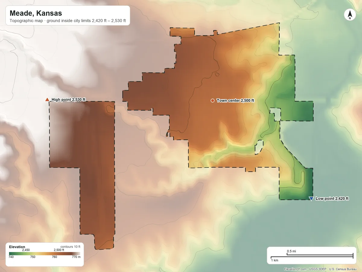 Topographic elevation map of Meade, Kansas, shaded from 2,420 ft on the southeast side to 2,530 ft on the west side