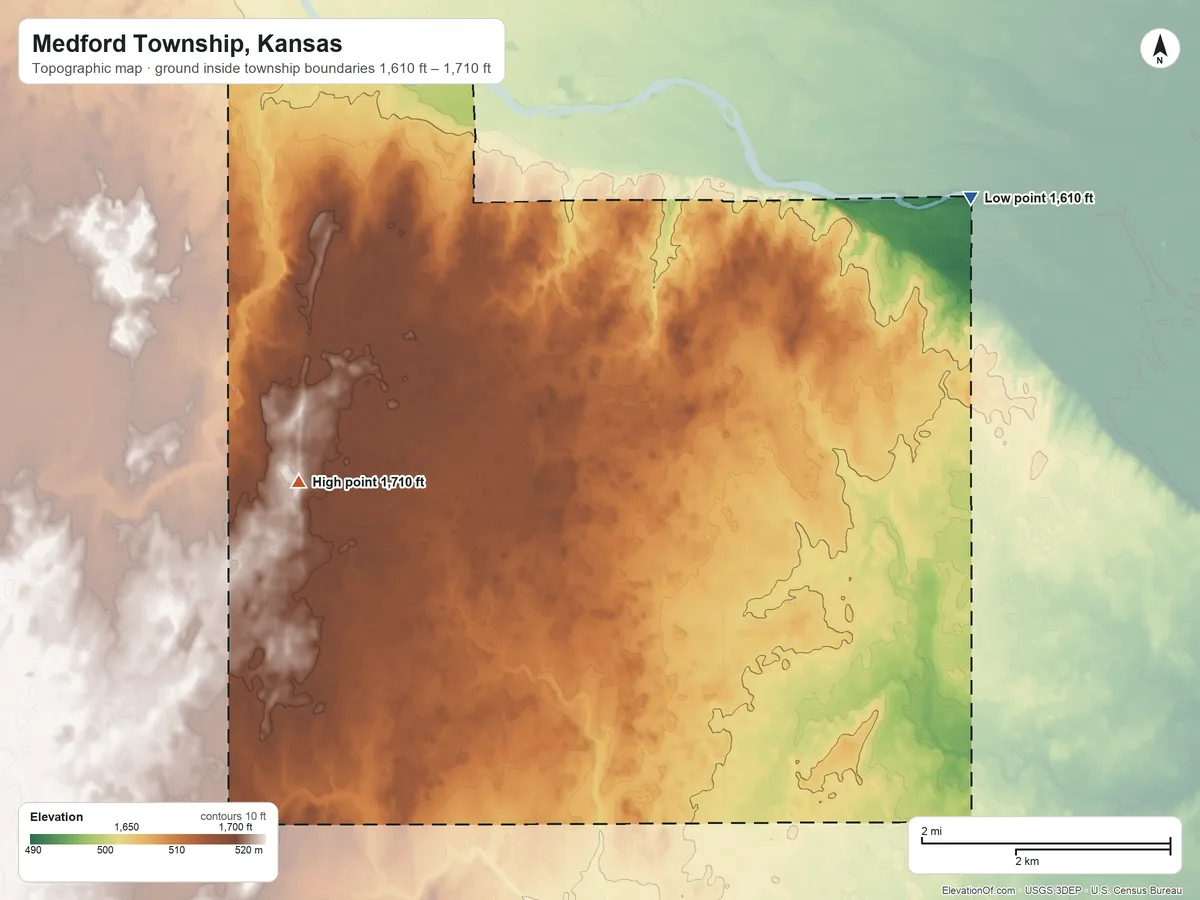 Topographic elevation map of Medford Township, Kansas, shaded from 1,610 ft on the northeast side to 1,710 ft on the west side