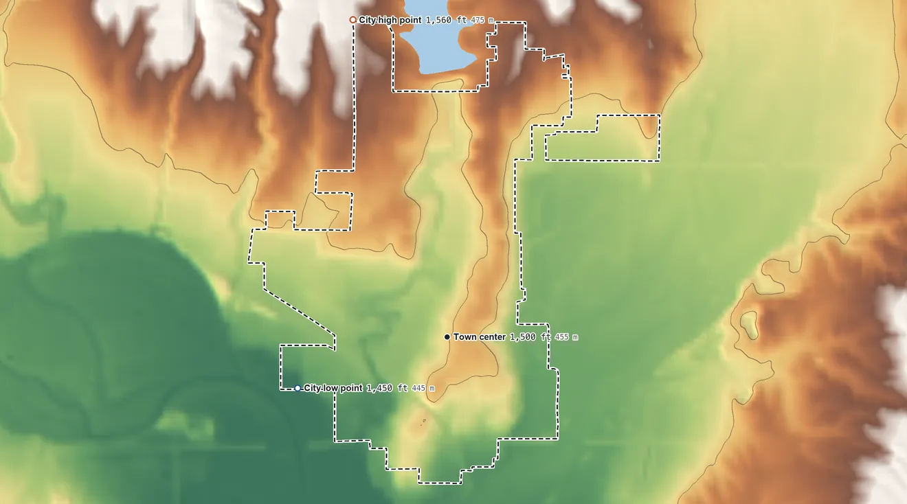 Topographic elevation map of Medicine Lodge, Kansas, shaded from 1,450 ft on the west side to 1,560 ft on the north side
