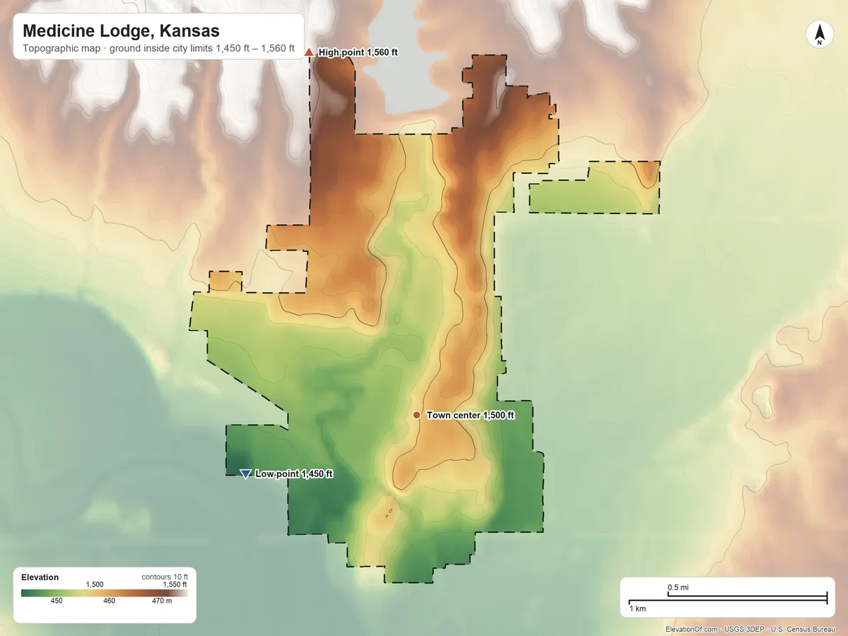 Topographic elevation map of Medicine Lodge, Kansas, shaded from 1,450 ft on the west side to 1,560 ft on the north side