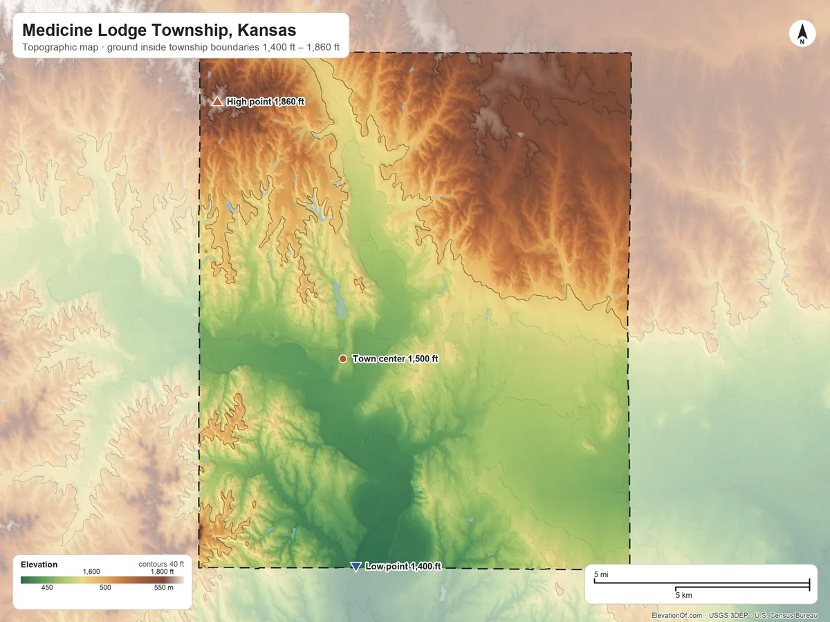 Topographic elevation map of Medicine Lodge Township, Kansas, shaded from 1,400 ft on the south side to 1,860 ft on the northwest side