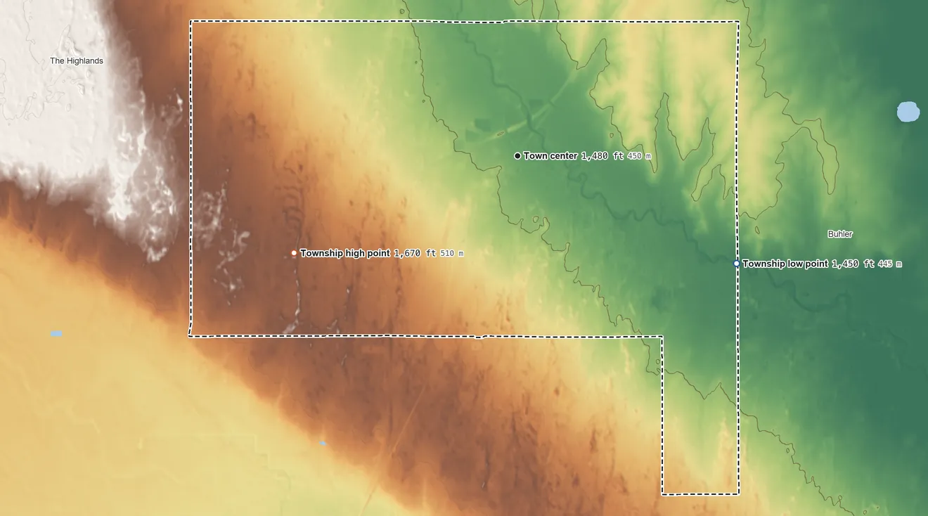 Topographic elevation map of Medora Township, Kansas, shaded from 1,450 ft on the southeast side to 1,670 ft on the southwest side