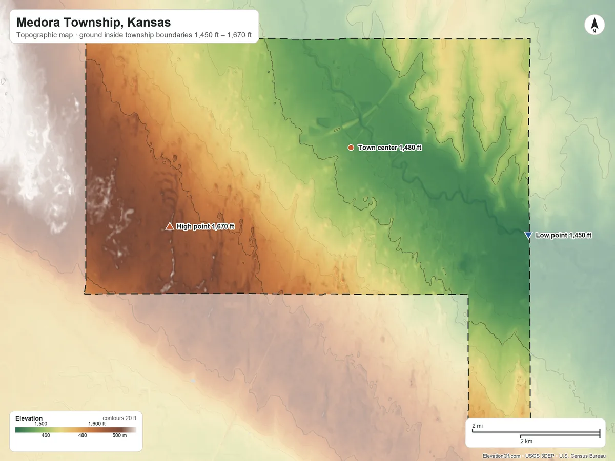 Topographic elevation map of Medora Township, Kansas, shaded from 1,450 ft on the southeast side to 1,670 ft on the southwest side