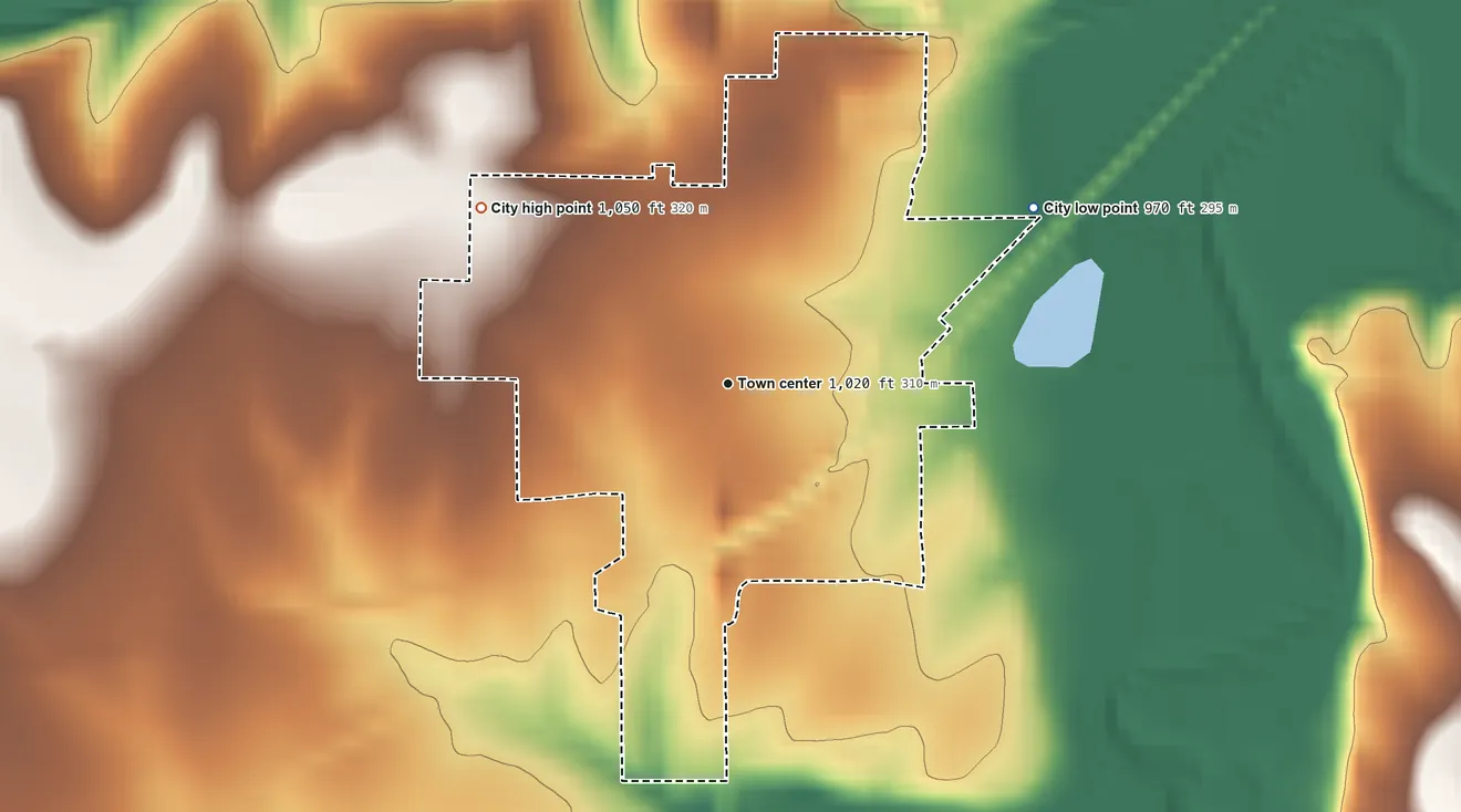 Topographic elevation map of Melvern, Kansas, shaded from 970 ft on the northeast side to 1,050 ft on the northwest side