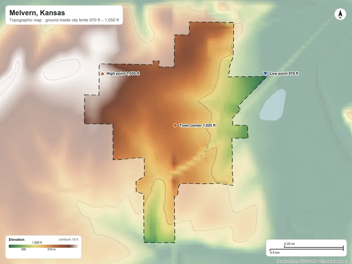 Topographic elevation map of Melvern, Kansas, shaded from 970 ft on the northeast side to 1,050 ft on the northwest side