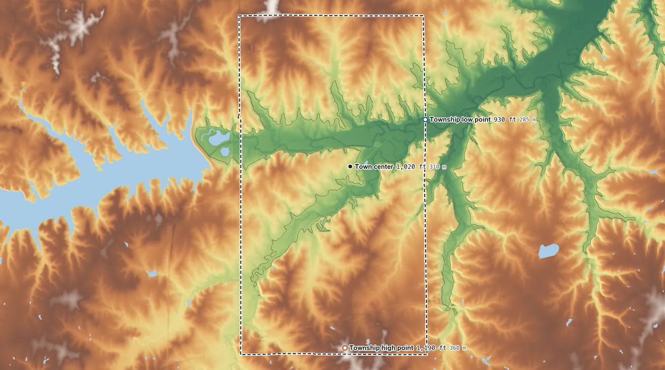 Topographic elevation map of Melvern Township, Kansas, shaded from 930 ft on the northeast side to 1,190 ft on the south side