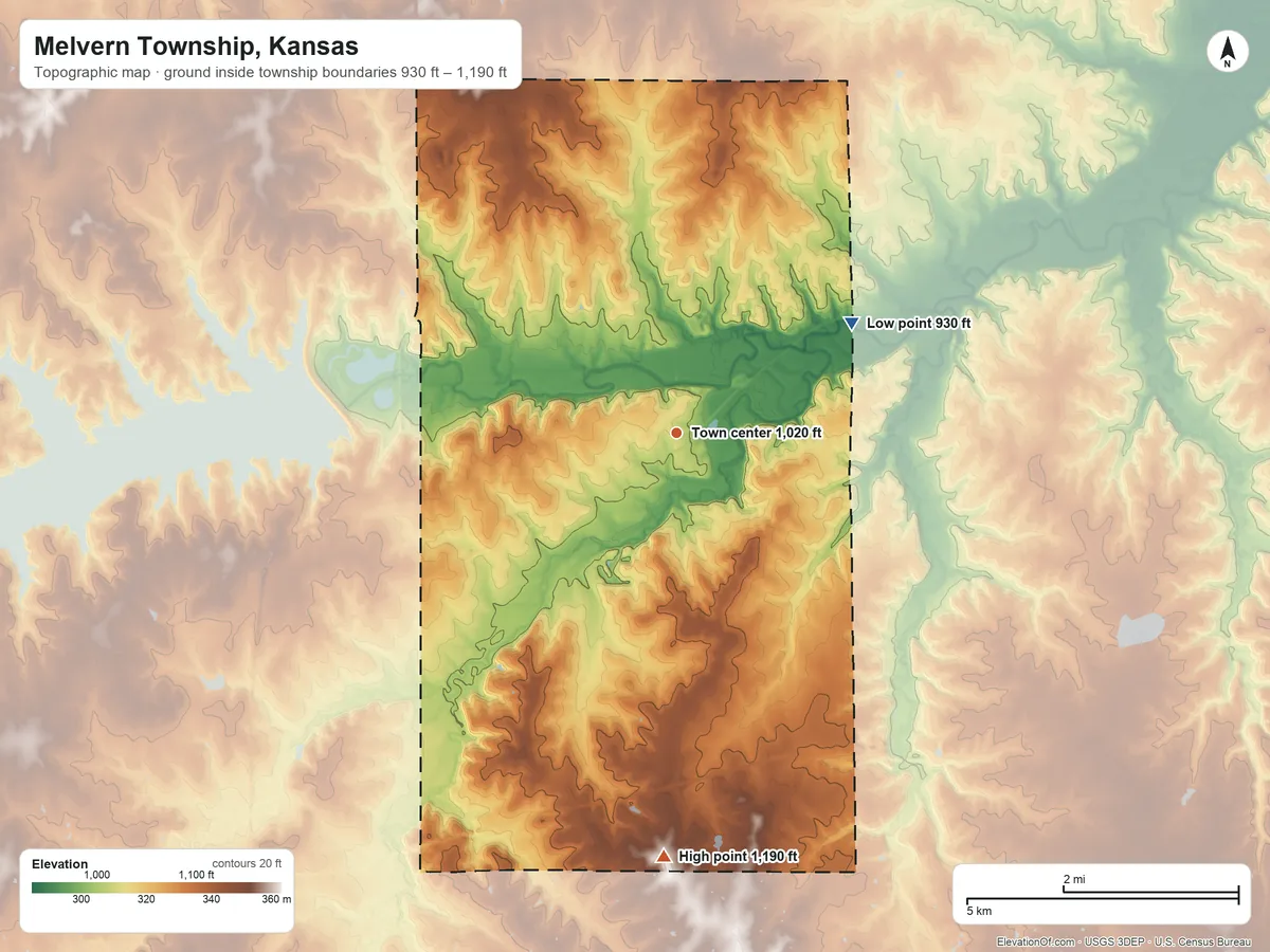 Topographic elevation map of Melvern Township, Kansas, shaded from 930 ft on the northeast side to 1,190 ft on the south side