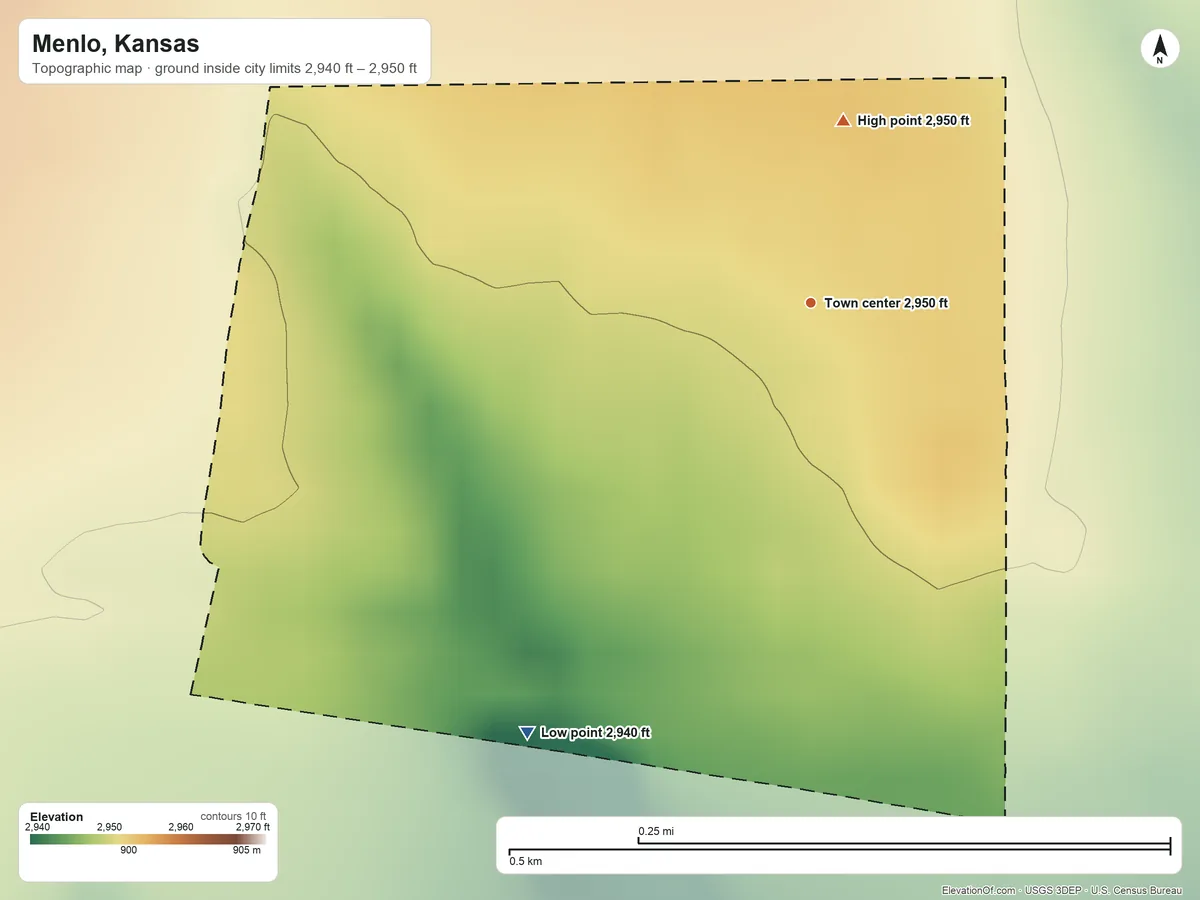 Topographic elevation map of Menlo, Kansas, shaded from 2,940 ft on the southwest side to 2,950 ft on the north side