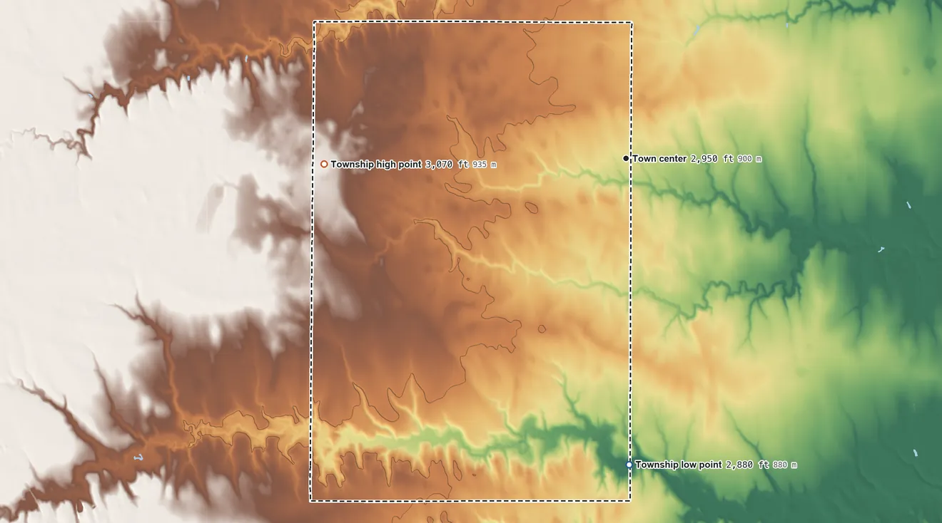 Topographic elevation map of Menlo Township, Kansas, shaded from 2,880 ft on the south side to 3,070 ft on the west side