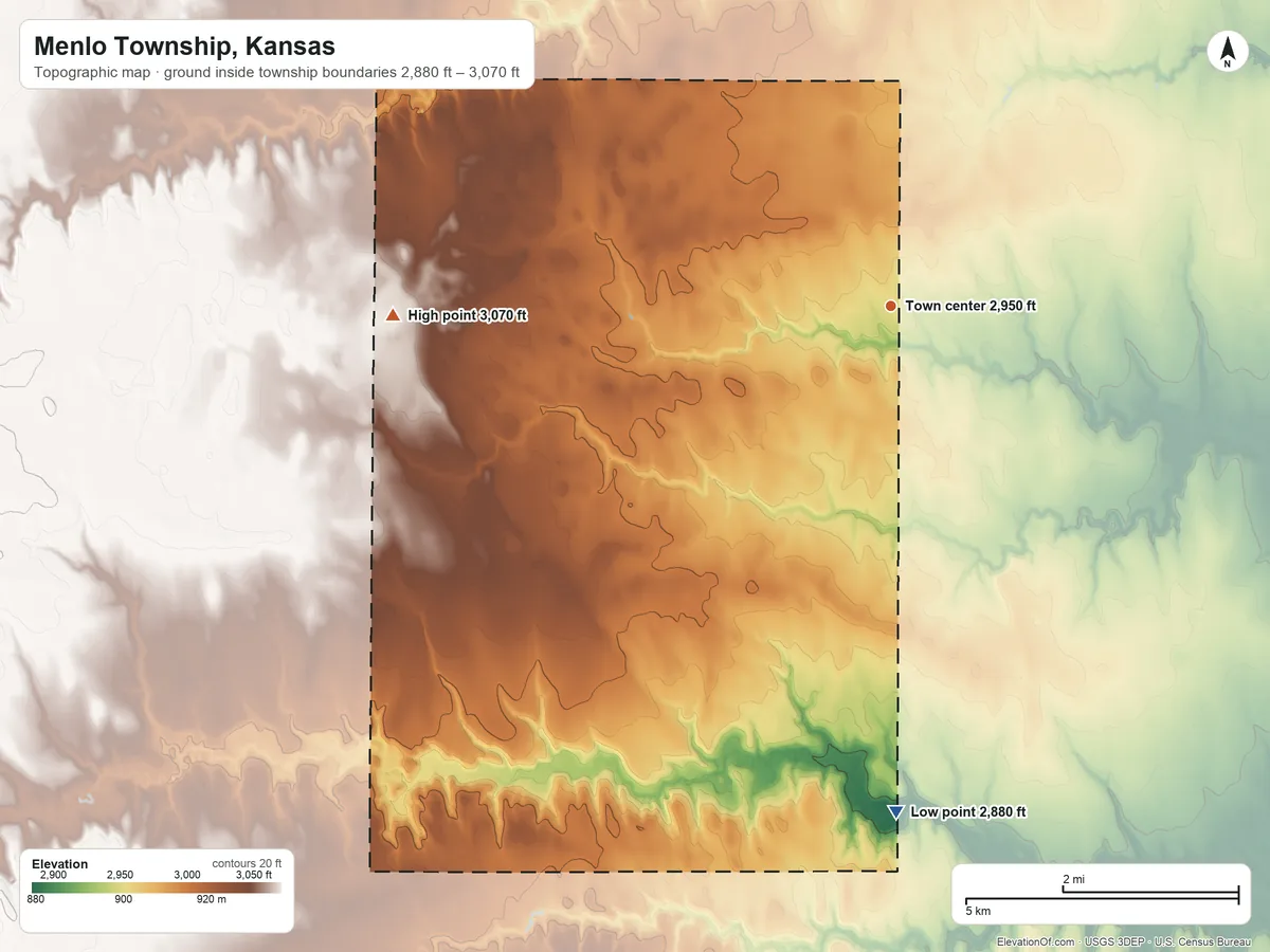 Topographic elevation map of Menlo Township, Kansas, shaded from 2,880 ft on the south side to 3,070 ft on the west side