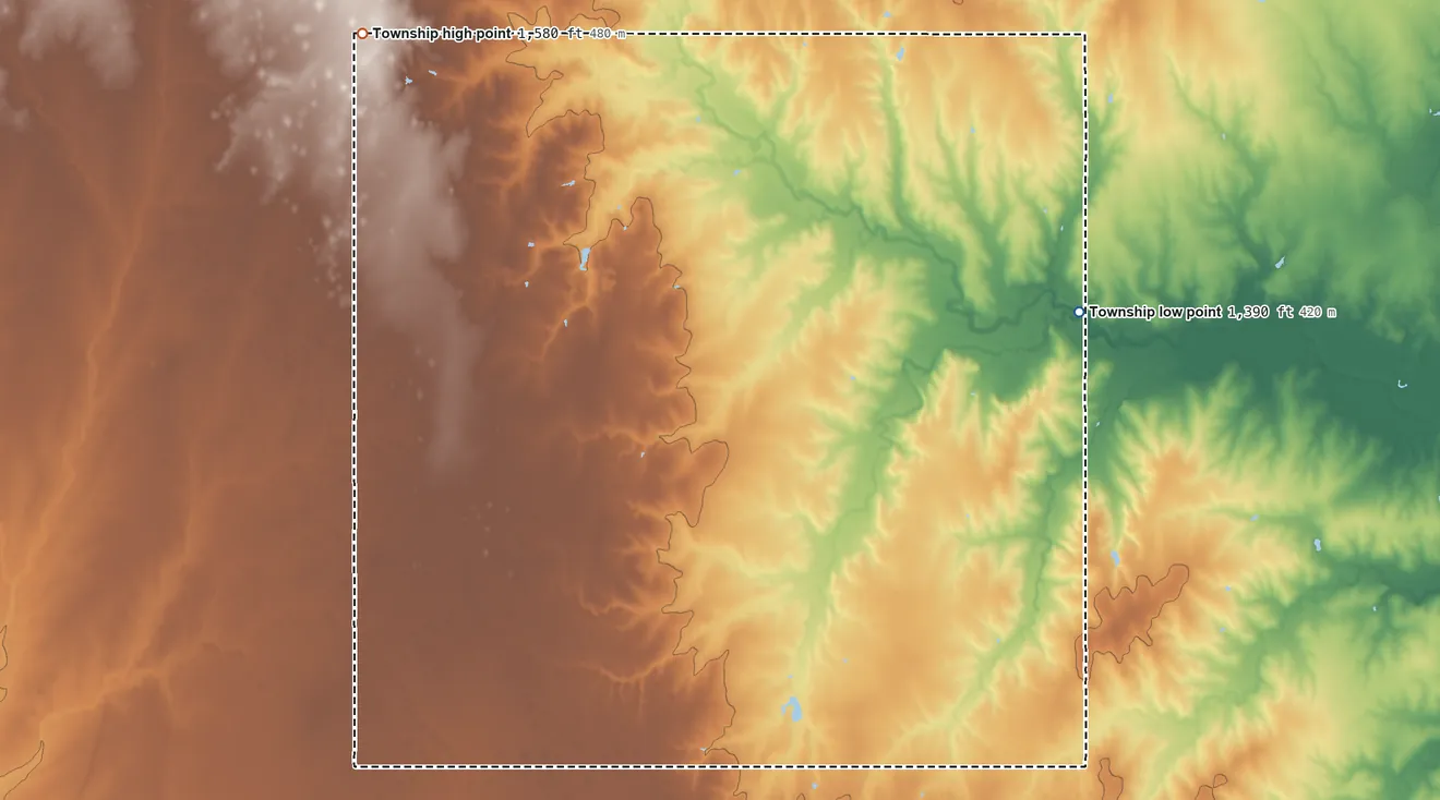Topographic elevation map of Menno Township, Kansas, shaded from 1,390 ft on the northeast side to 1,580 ft on the northwest side