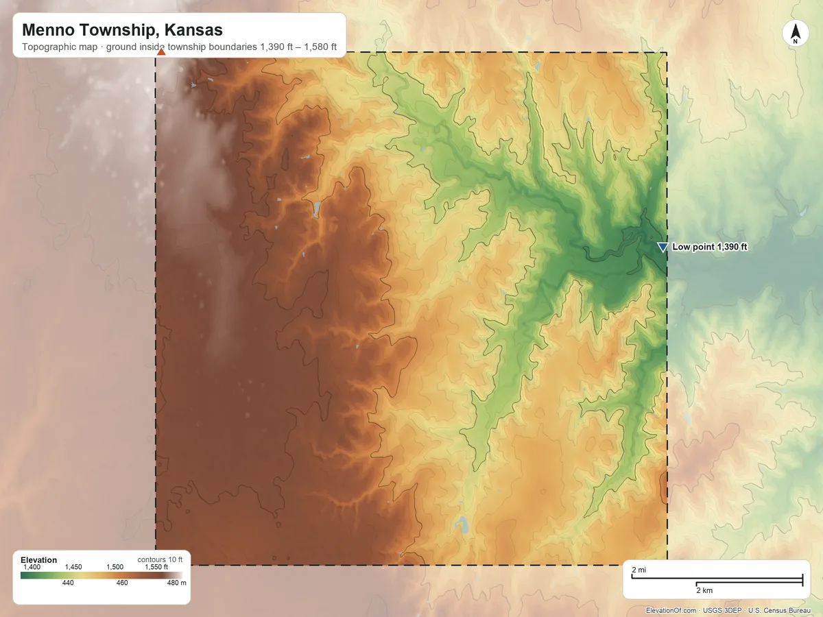 Topographic elevation map of Menno Township, Kansas, shaded from 1,390 ft on the northeast side to 1,580 ft on the northwest side