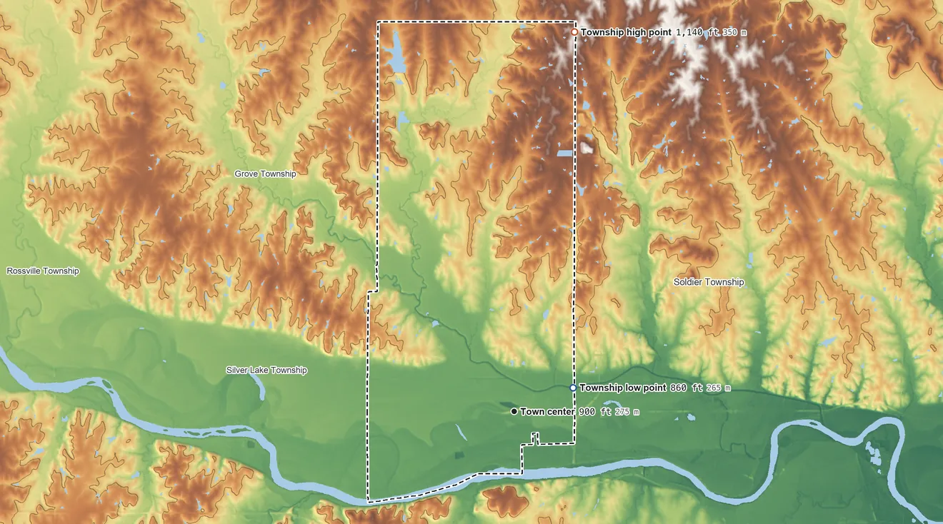 Topographic elevation map of Menoken Township, Kansas, shaded from 860 ft on the east side to 1,140 ft on the north side