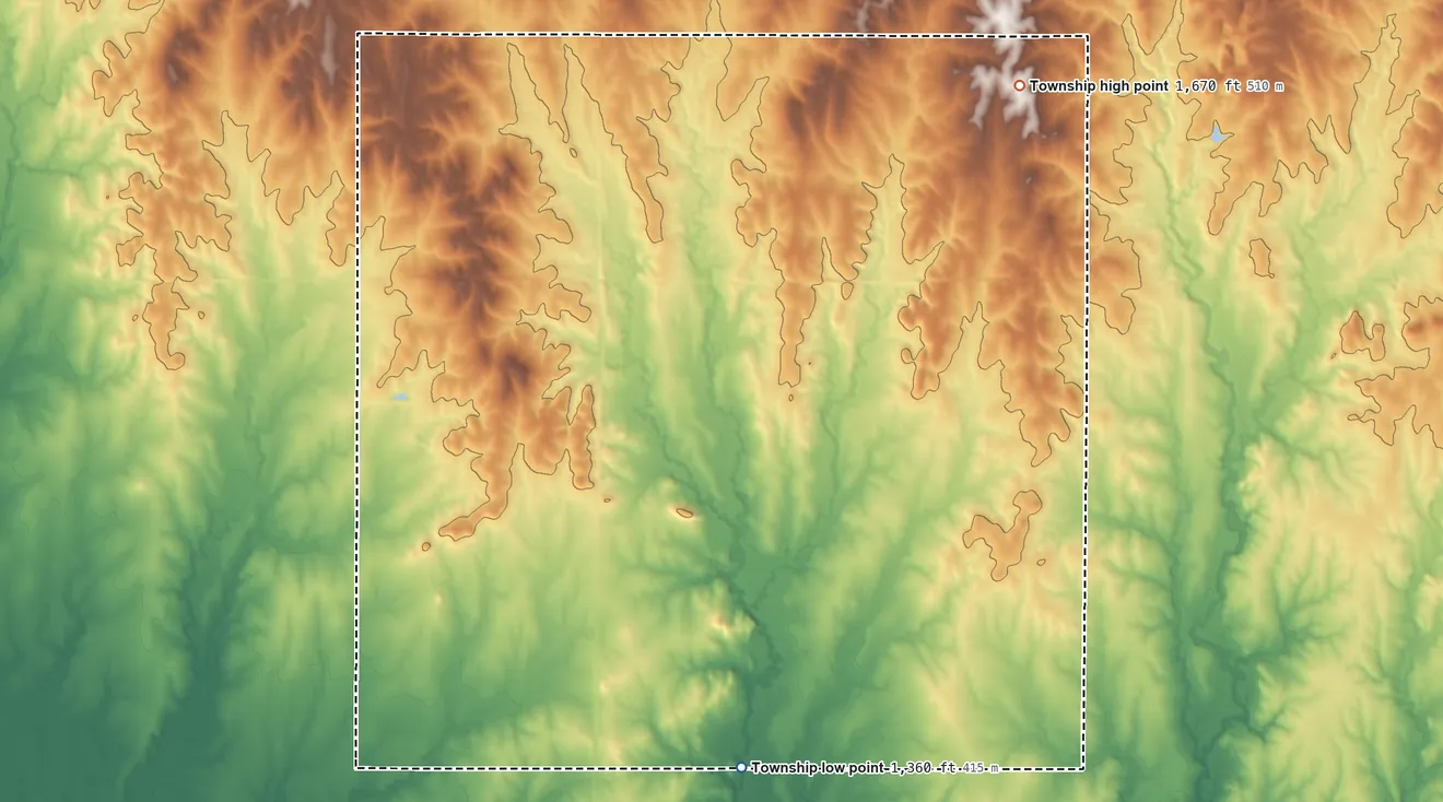 Topographic elevation map of Meredith Township, Kansas, shaded from 1,360 ft on the south side to 1,670 ft on the northeast side