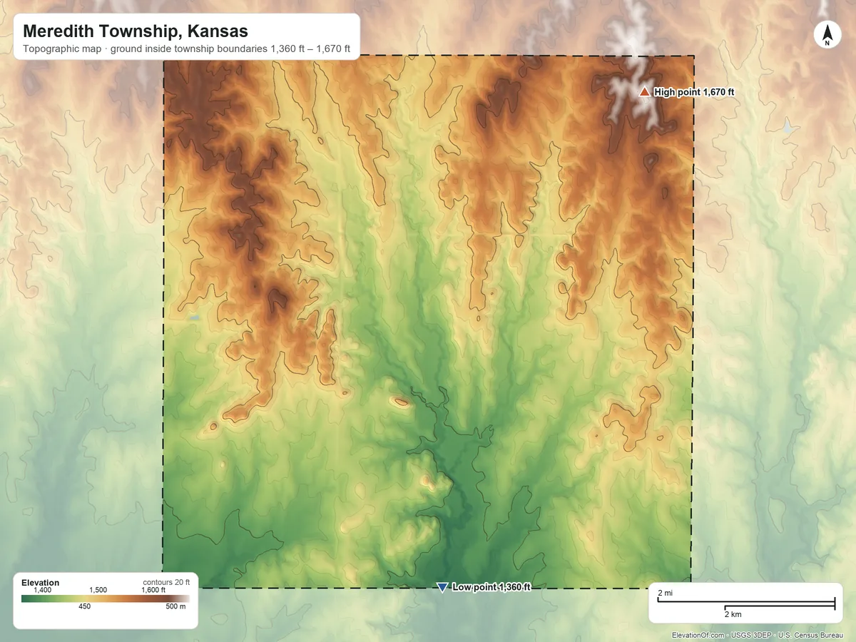 Topographic elevation map of Meredith Township, Kansas, shaded from 1,360 ft on the south side to 1,670 ft on the northeast side
