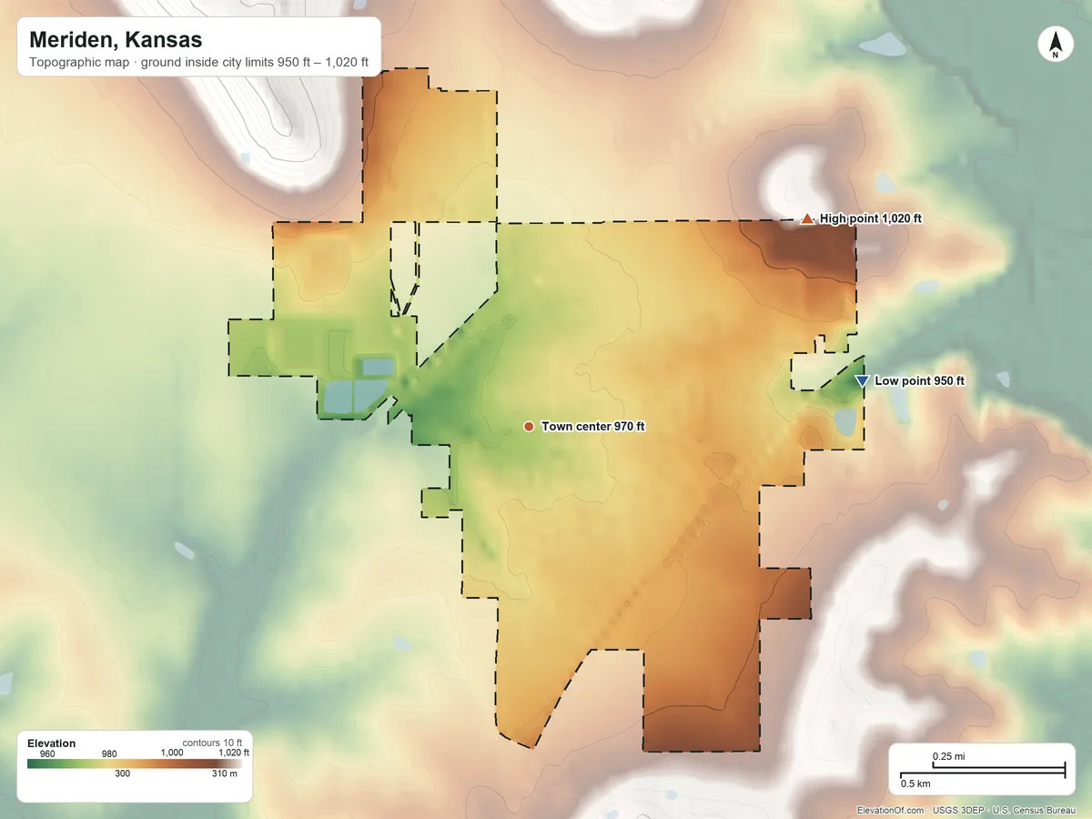 Topographic elevation map of Meriden, Kansas, shaded from 950 ft on the east side to 1,020 ft on the northeast side