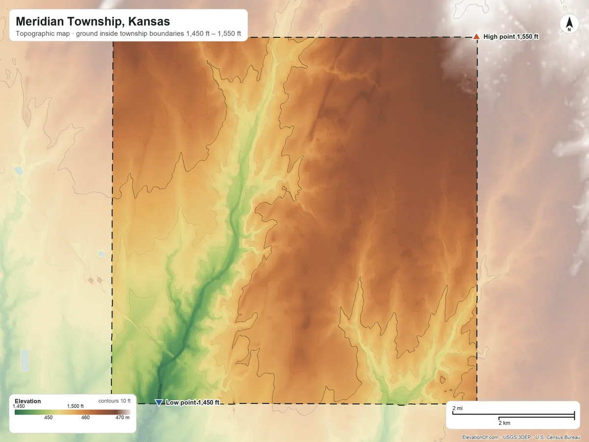 Topographic elevation map of Meridian Township, Kansas, shaded from 1,450 ft on the southwest side to 1,550 ft on the northeast side