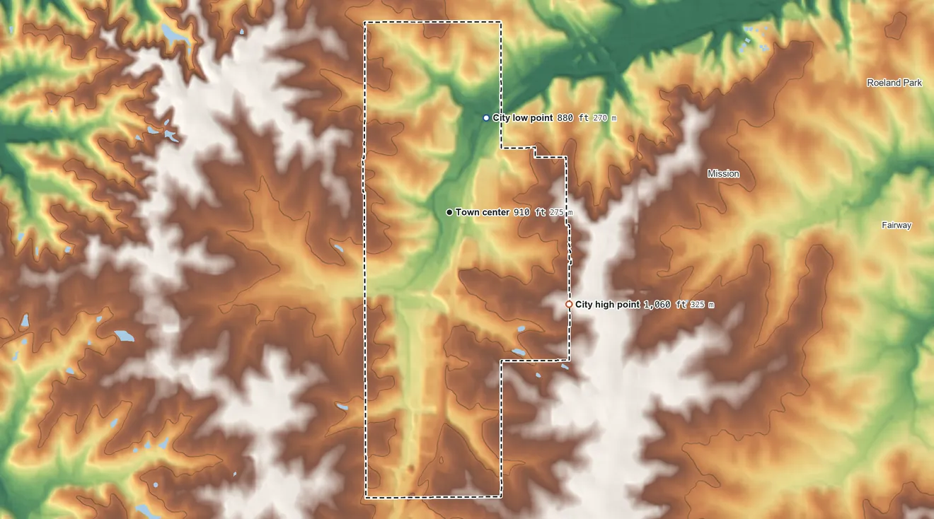 Topographic elevation map of Merriam, Kansas, shaded from 880 ft on the north side to 1,060 ft on the southeast side
