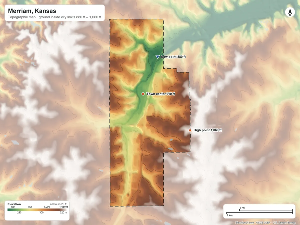 Topographic elevation map of Merriam, Kansas, shaded from 880 ft on the north side to 1,060 ft on the southeast side