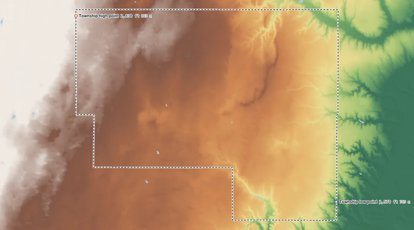 Topographic elevation map of Mertilla Township, Kansas, shaded from 2,570 ft on the southeast side to 2,830 ft on the northwest side