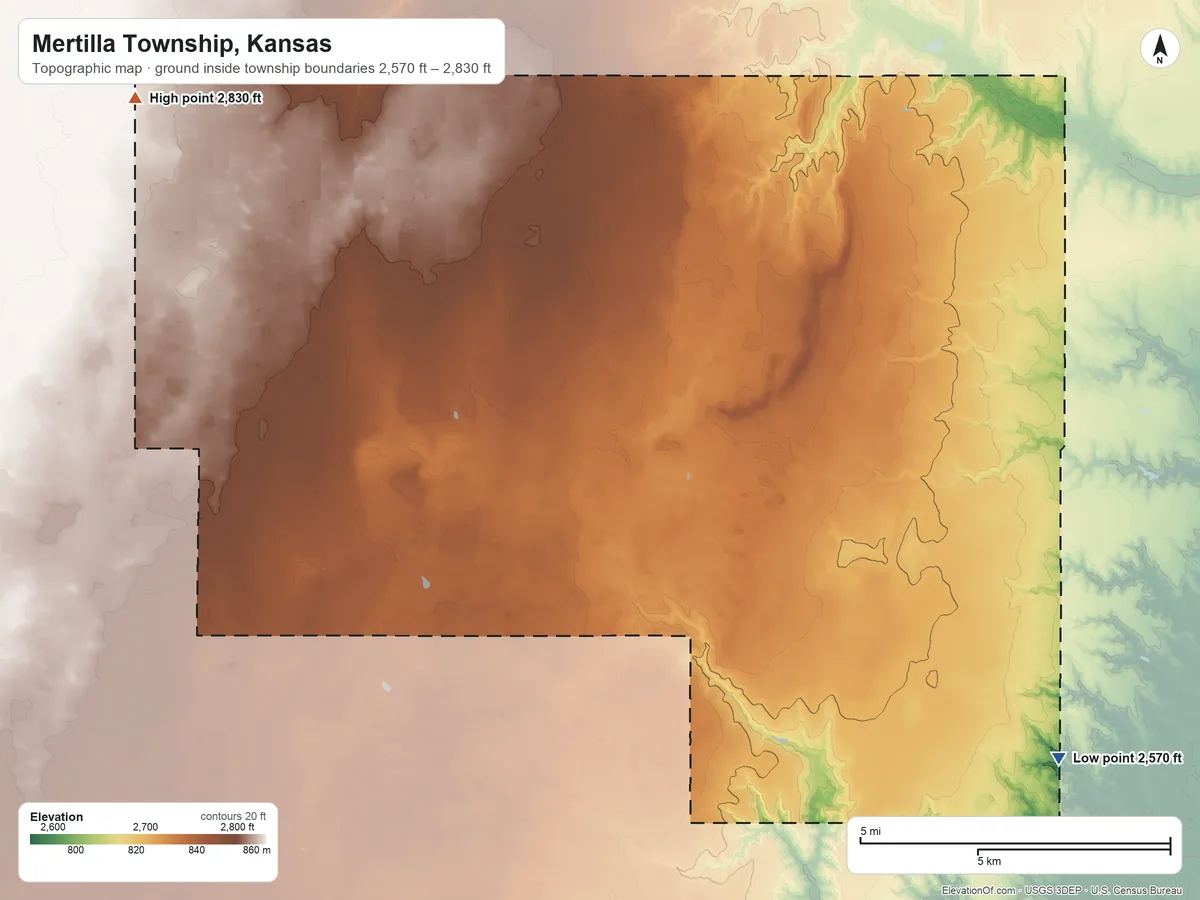 Topographic elevation map of Mertilla Township, Kansas, shaded from 2,570 ft on the southeast side to 2,830 ft on the northwest side