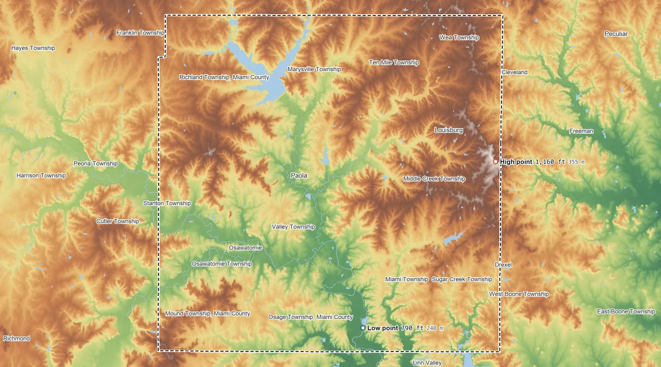 Topographic elevation map of Miami County, Kansas, shaded from 790 ft on the south side to 1,160 ft on the east side