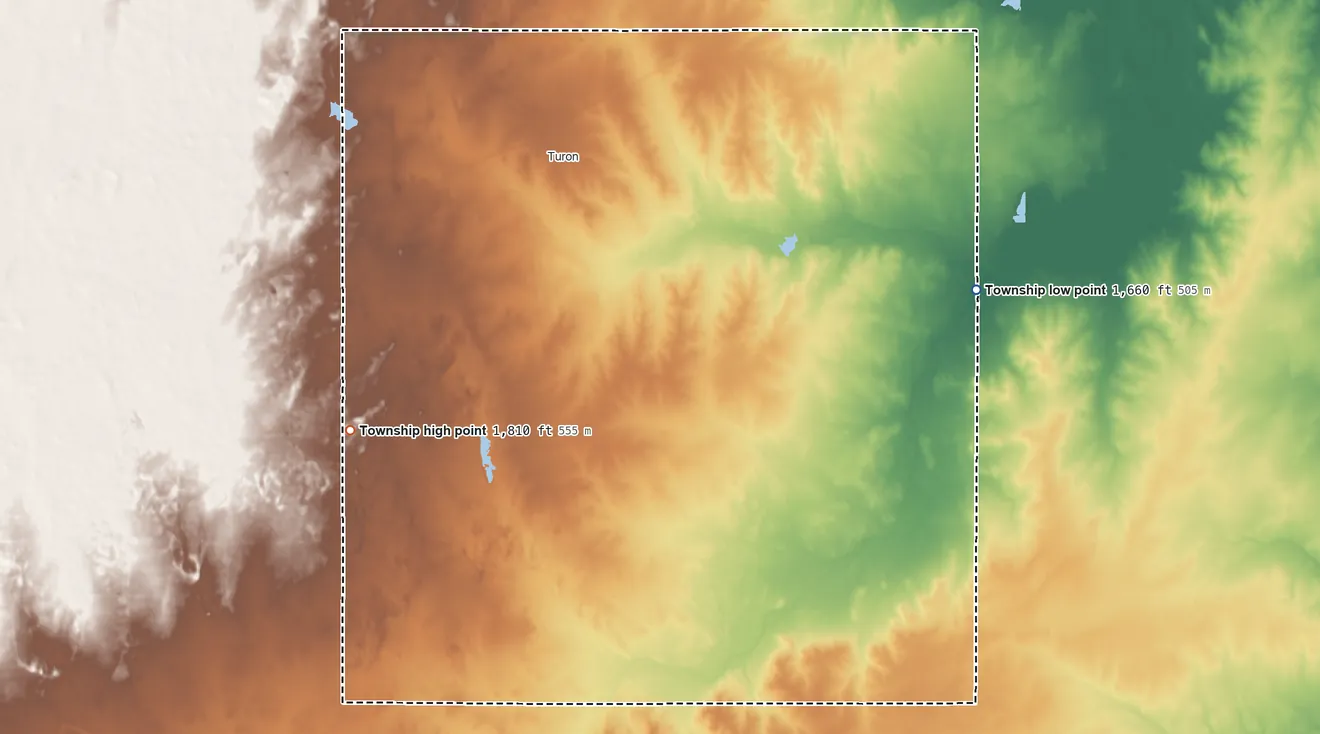 Topographic elevation map of Miami Township, Reno County, Kansas, shaded from 1,660 ft on the east side to 1,810 ft on the southwest side
