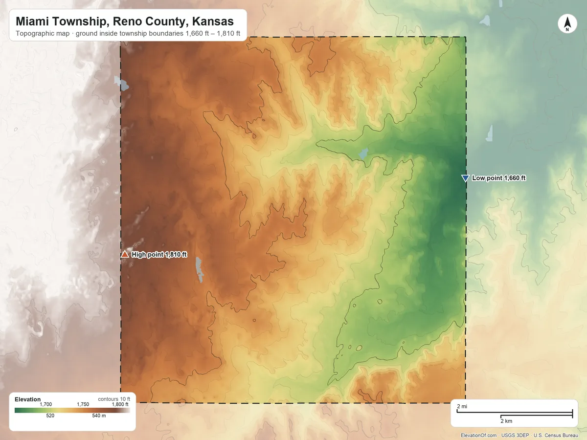 Topographic elevation map of Miami Township, Reno County, Kansas, shaded from 1,660 ft on the east side to 1,810 ft on the southwest side
