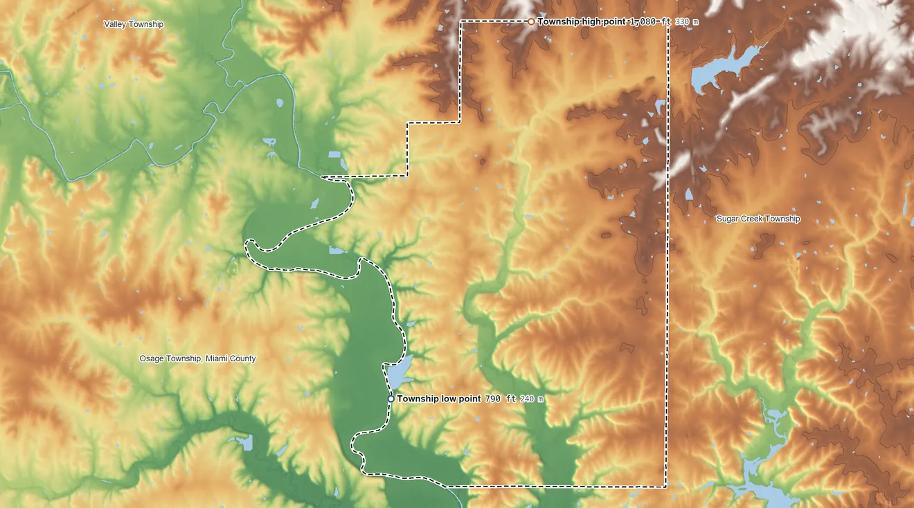 Topographic elevation map of Miami Township, Kansas, shaded from 790 ft on the southwest side to 1,080 ft on the north side