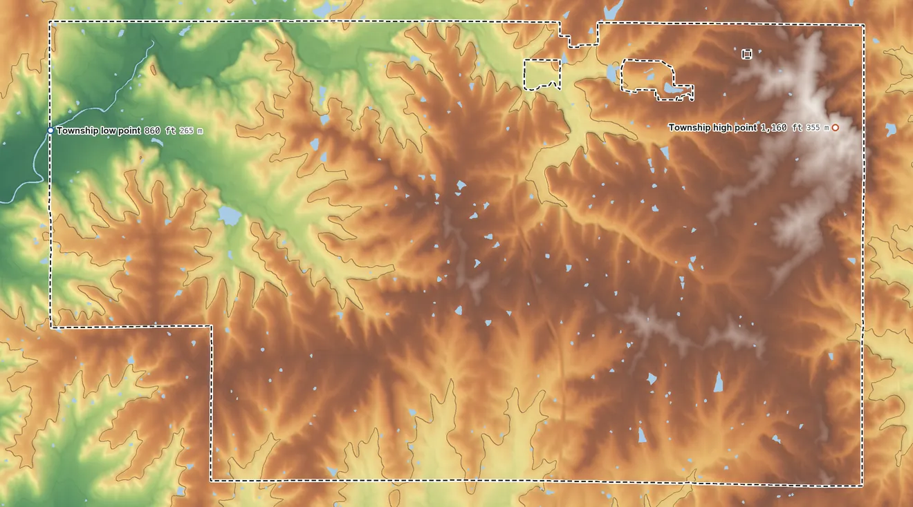 Topographic elevation map of Middle Creek Township, Kansas, shaded from 860 ft on the west side to 1,160 ft on the east side
