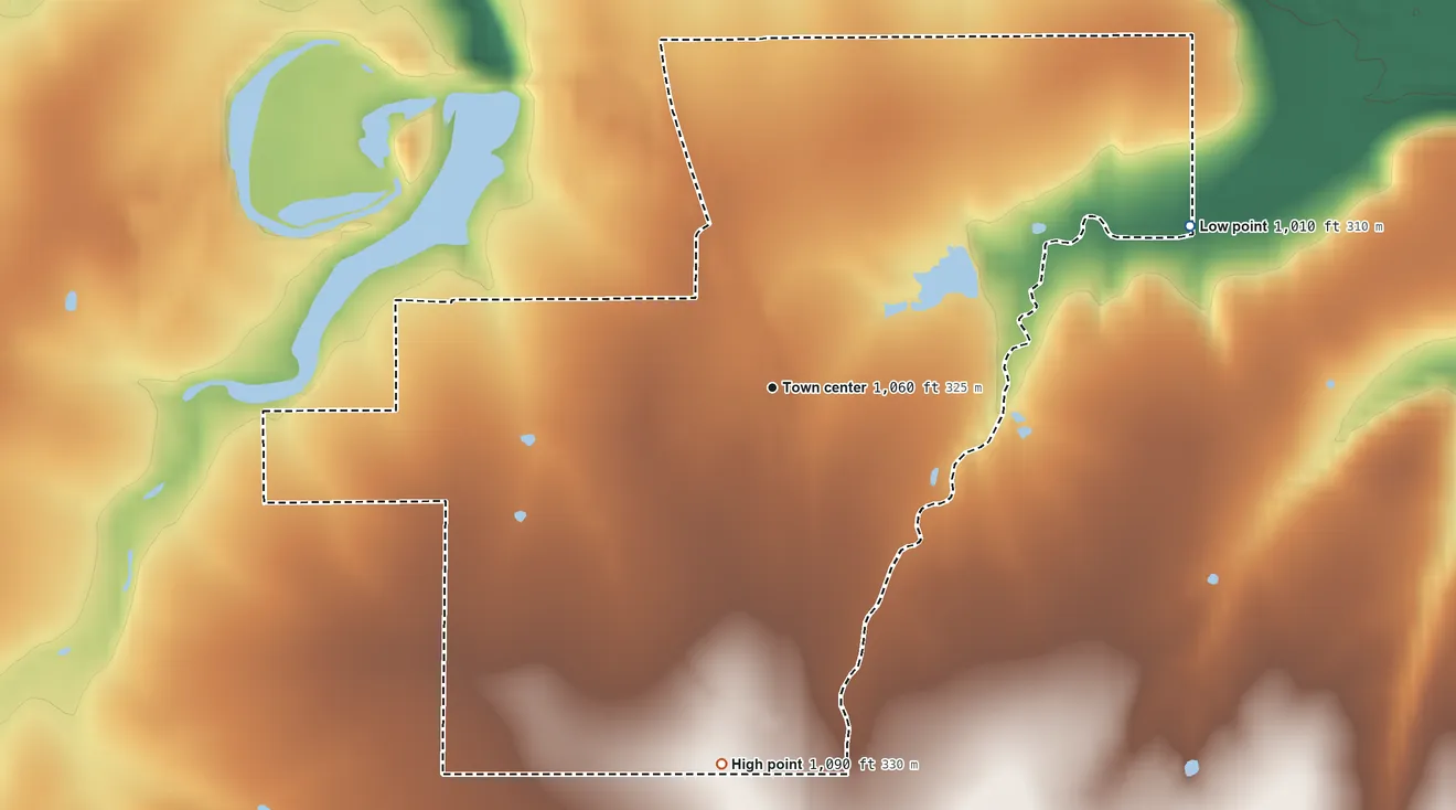 Topographic elevation map of Mildred, Kansas, shaded from 1,010 ft on the east side to 1,090 ft on the south side