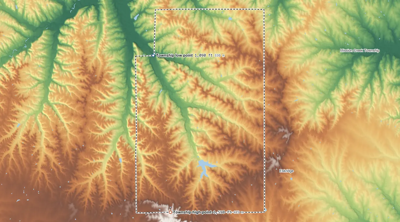 Topographic elevation map of Mill Creek Township, Wabaunsee County, Kansas, shaded from 1,090 ft on the northwest side to 1,590 ft on the southwest side