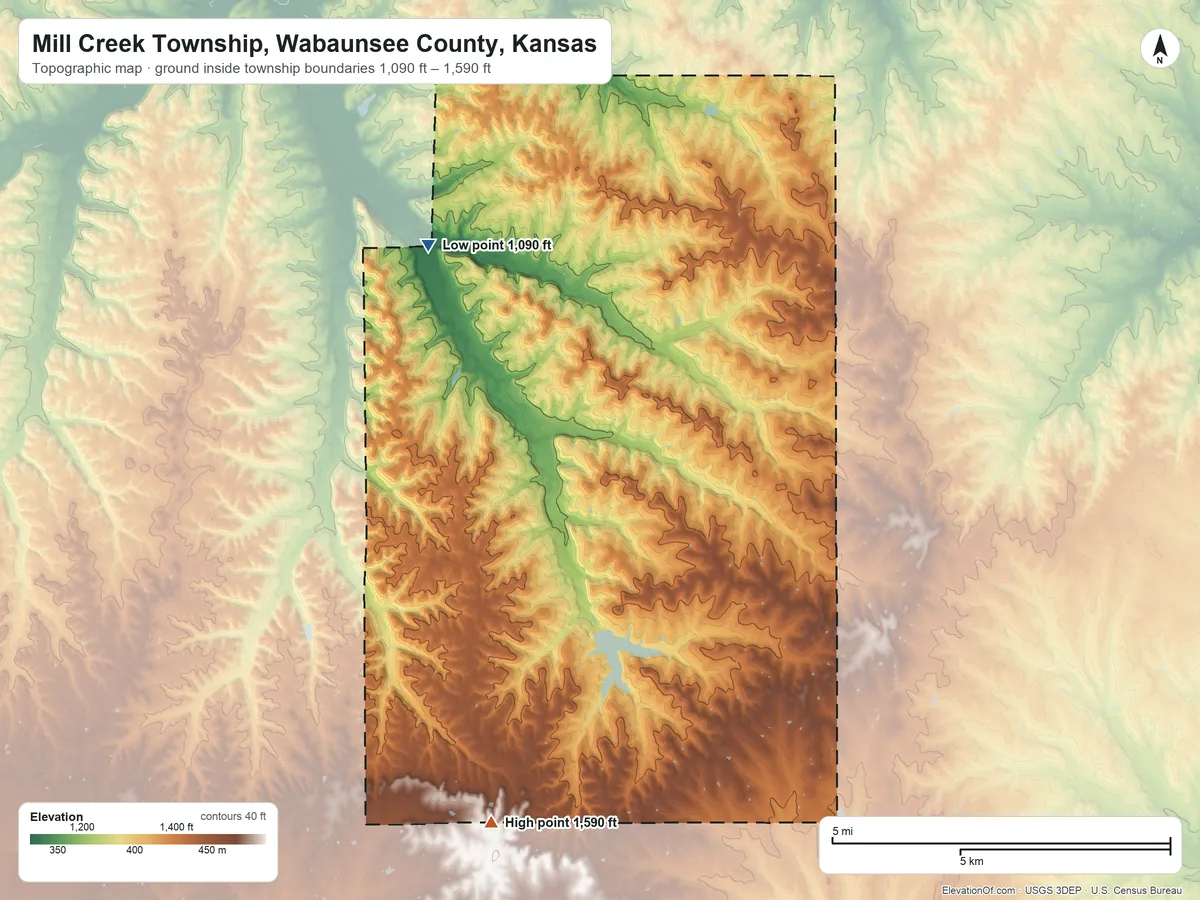 Topographic elevation map of Mill Creek Township, Wabaunsee County, Kansas, shaded from 1,090 ft on the northwest side to 1,590 ft on the southwest side