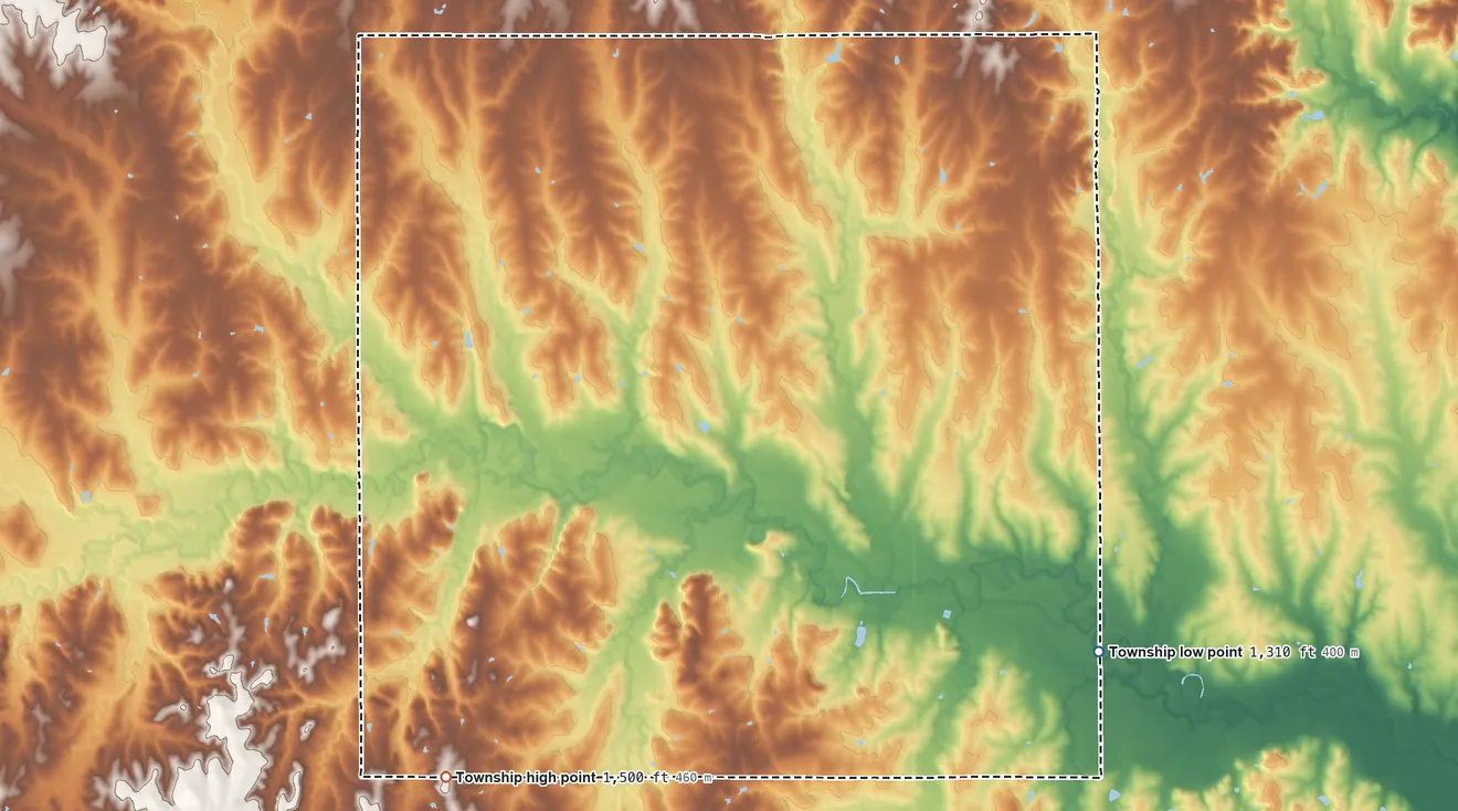 Topographic elevation map of Mill Creek Township, Washington County, Kansas, shaded from 1,310 ft on the east side to 1,500 ft on the southwest side