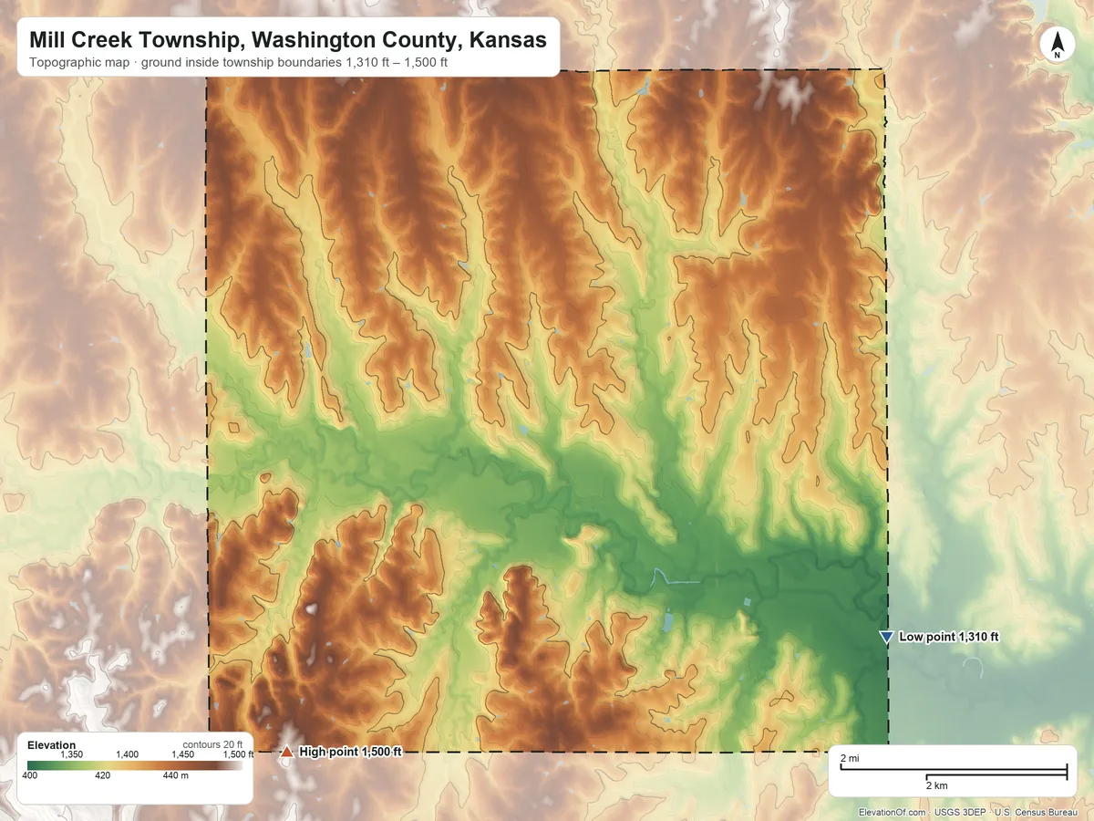 Topographic elevation map of Mill Creek Township, Washington County, Kansas, shaded from 1,310 ft on the east side to 1,500 ft on the southwest side