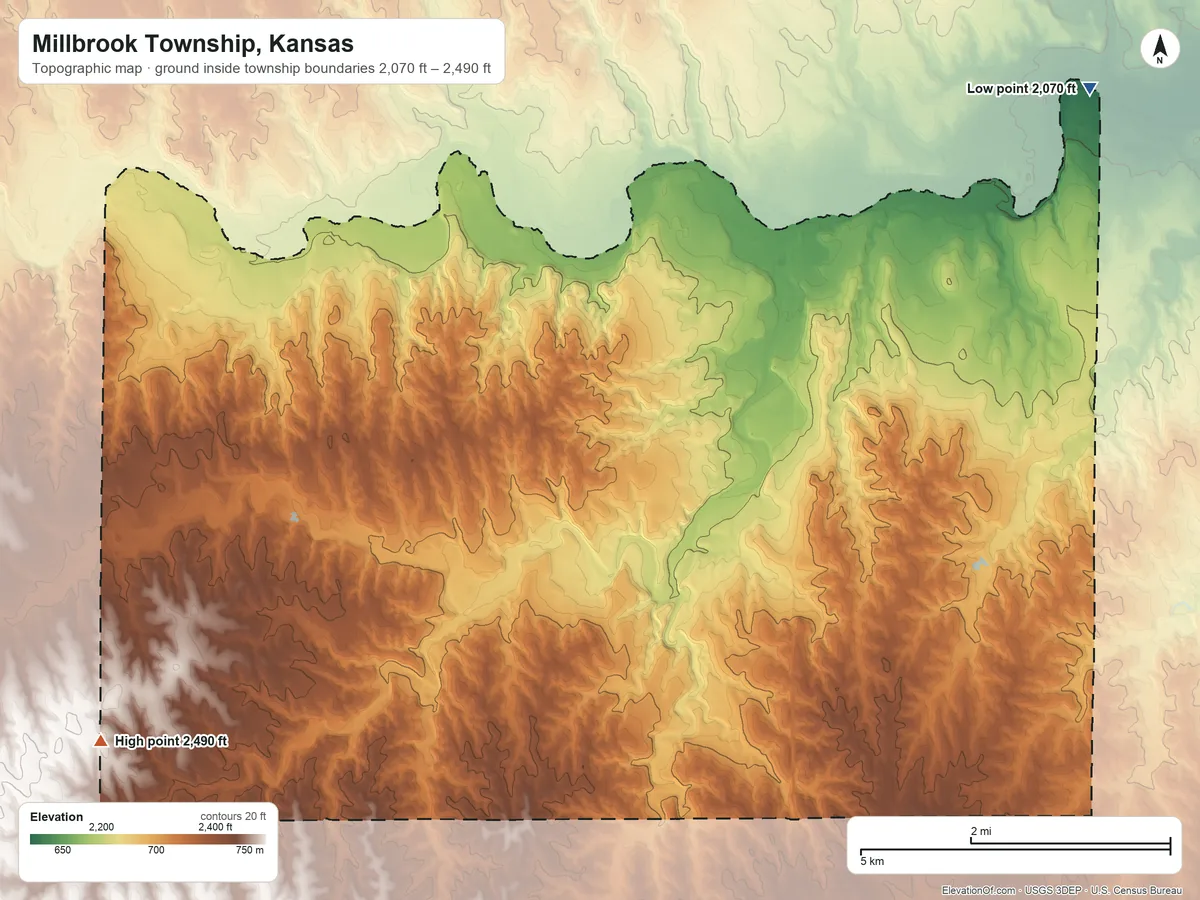 Topographic elevation map of Millbrook Township, Kansas, shaded from 2,070 ft on the east side to 2,490 ft on the southwest side