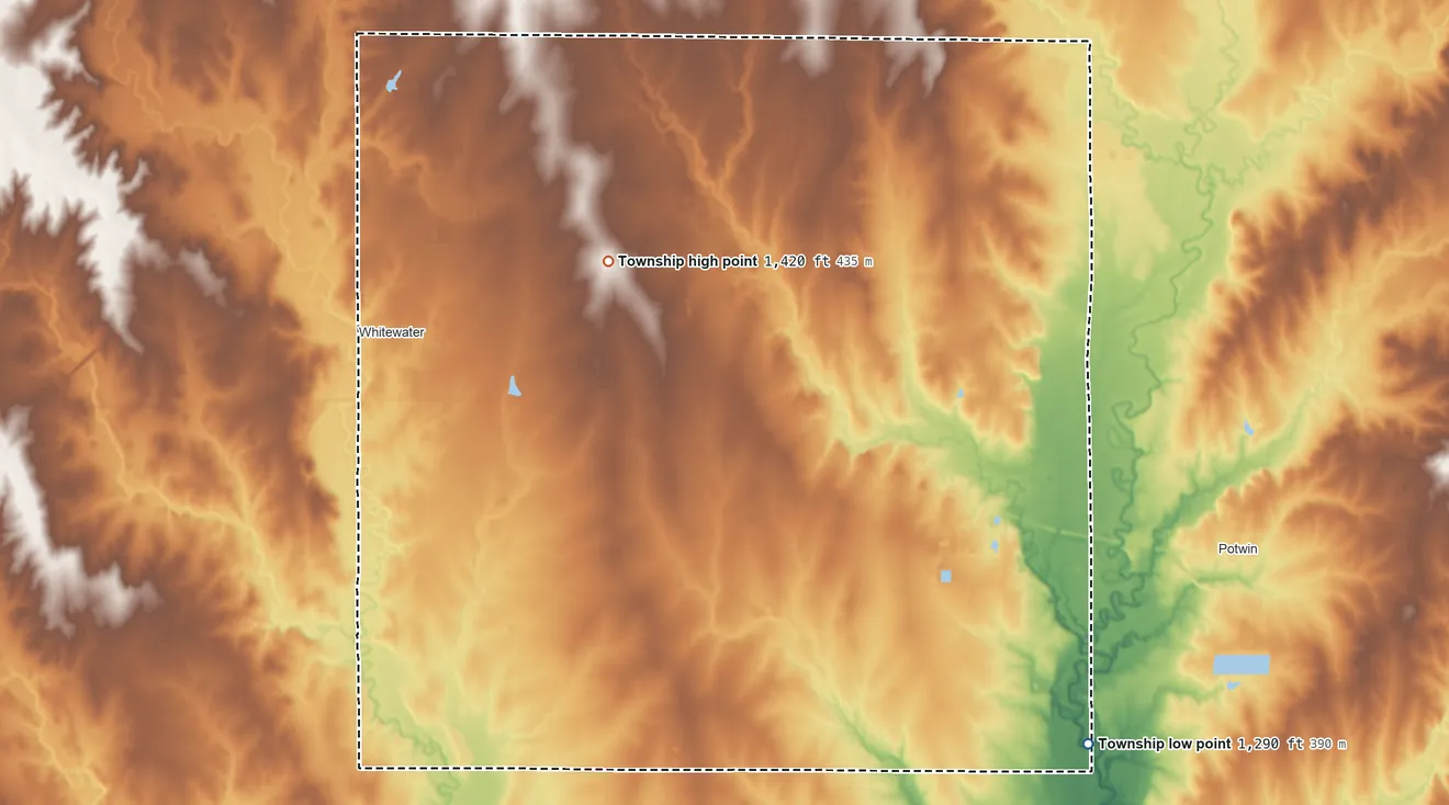 Topographic elevation map of Milton Township, Kansas, shaded from 1,290 ft on the southeast side to 1,420 ft near the middle