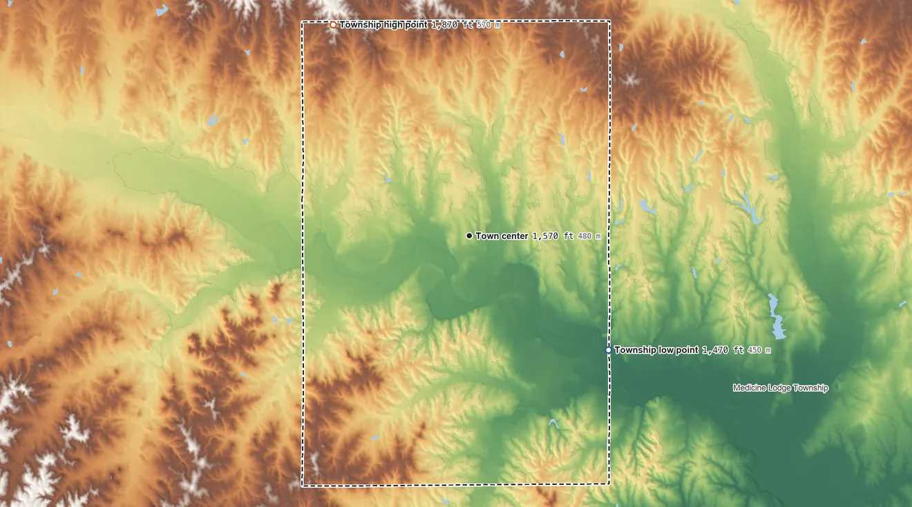 Topographic elevation map of Mingona Township, Kansas, shaded from 1,470 ft on the southeast side to 1,870 ft on the northwest side