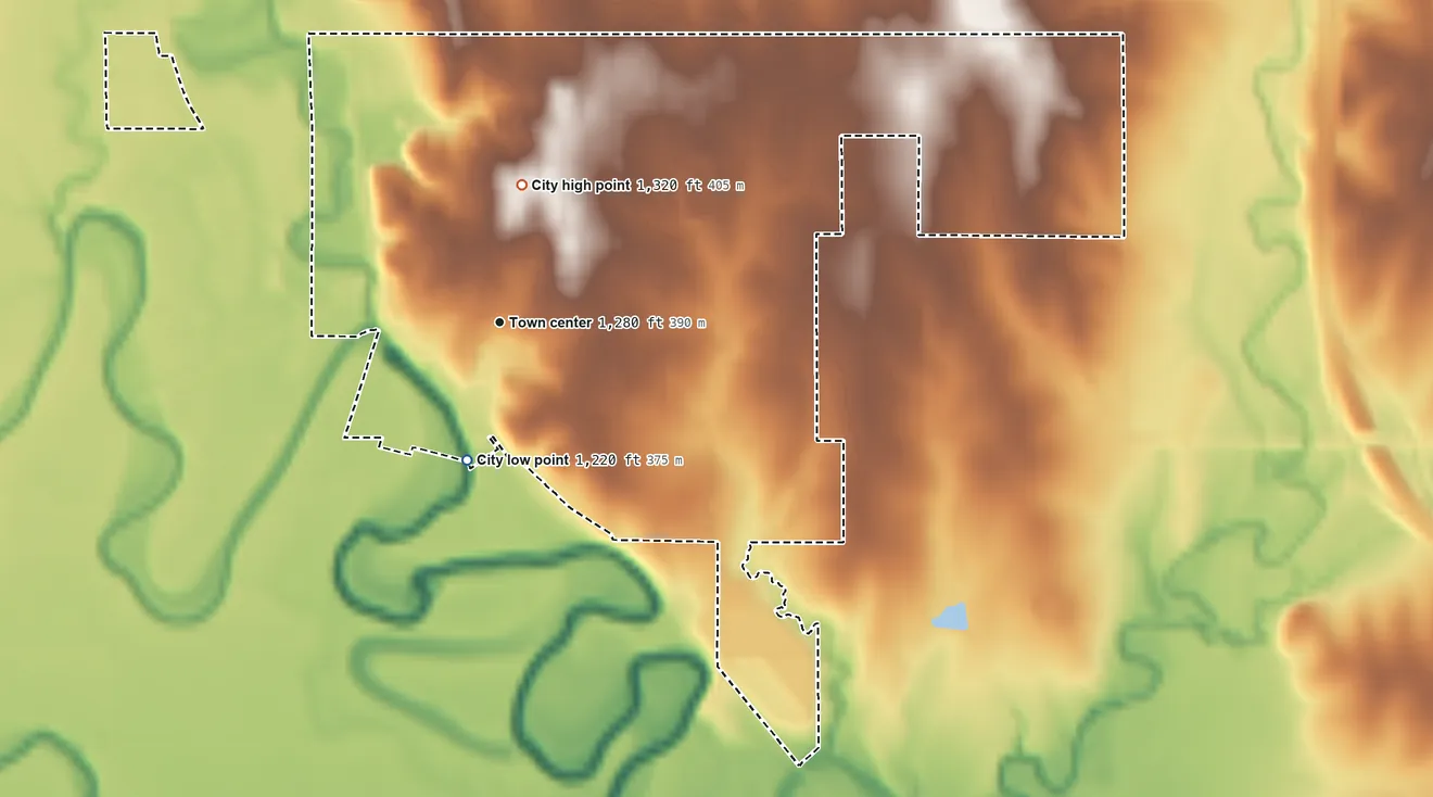 Topographic elevation map of Minneapolis, Kansas, shaded from 1,220 ft on the south side to 1,320 ft on the north side