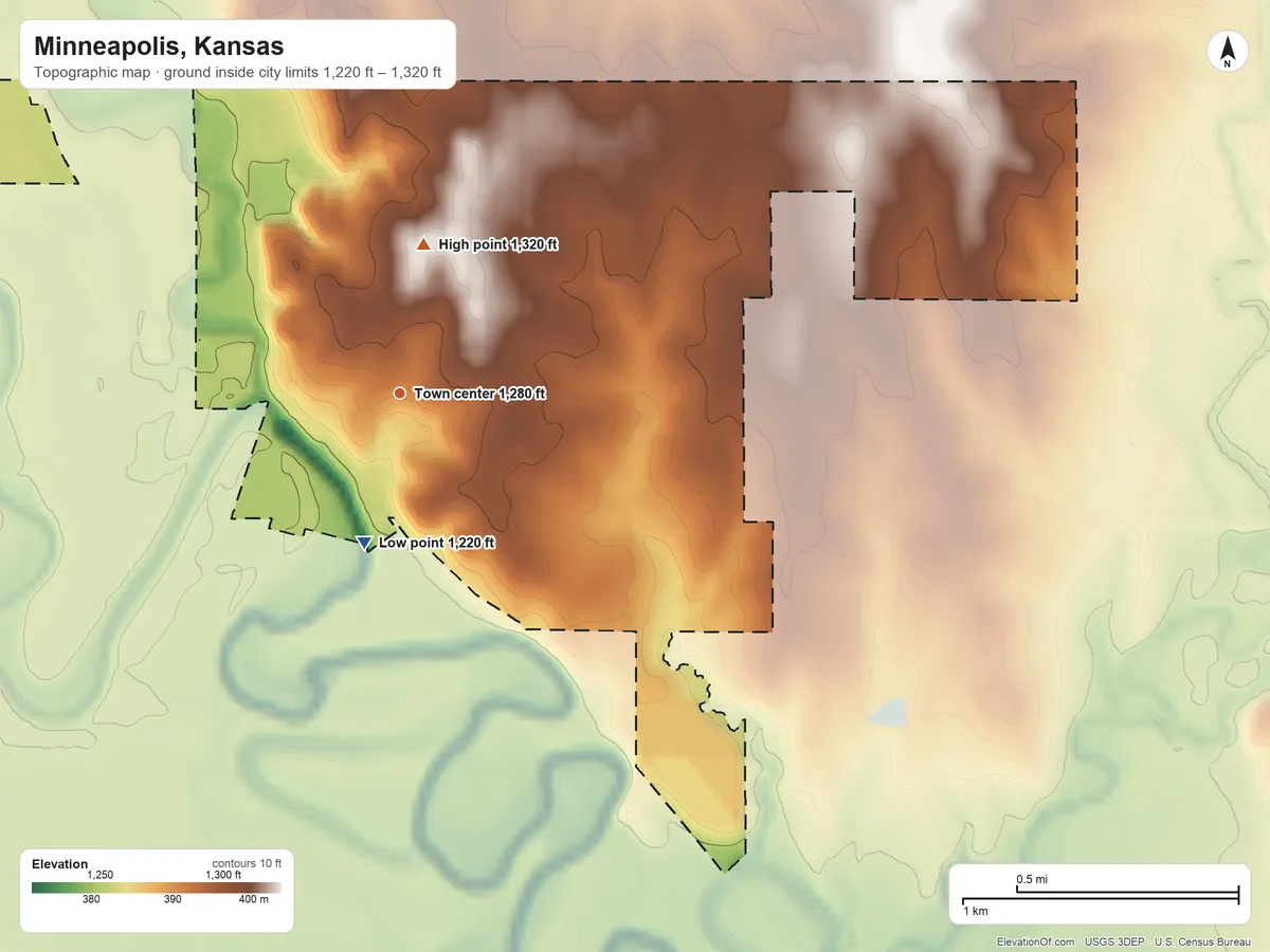 Topographic elevation map of Minneapolis, Kansas, shaded from 1,220 ft on the south side to 1,320 ft on the north side