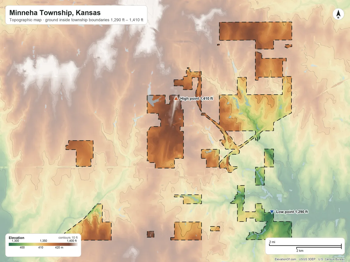 Topographic elevation map of Minneha Township, Kansas, shaded from 1,290 ft on the southeast side to 1,410 ft on the north side