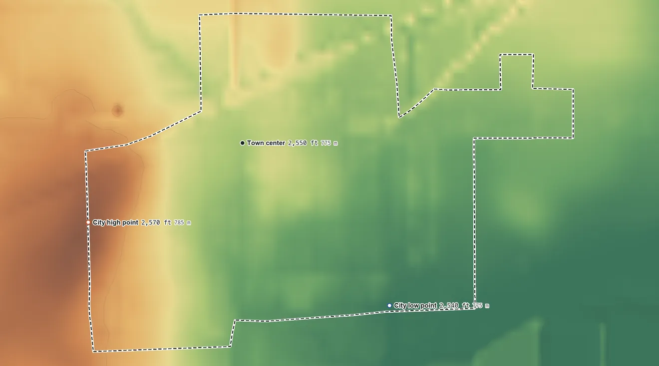 Topographic elevation map of Minneola, Kansas, shaded from 2,540 ft on the southeast side to 2,570 ft on the southwest side