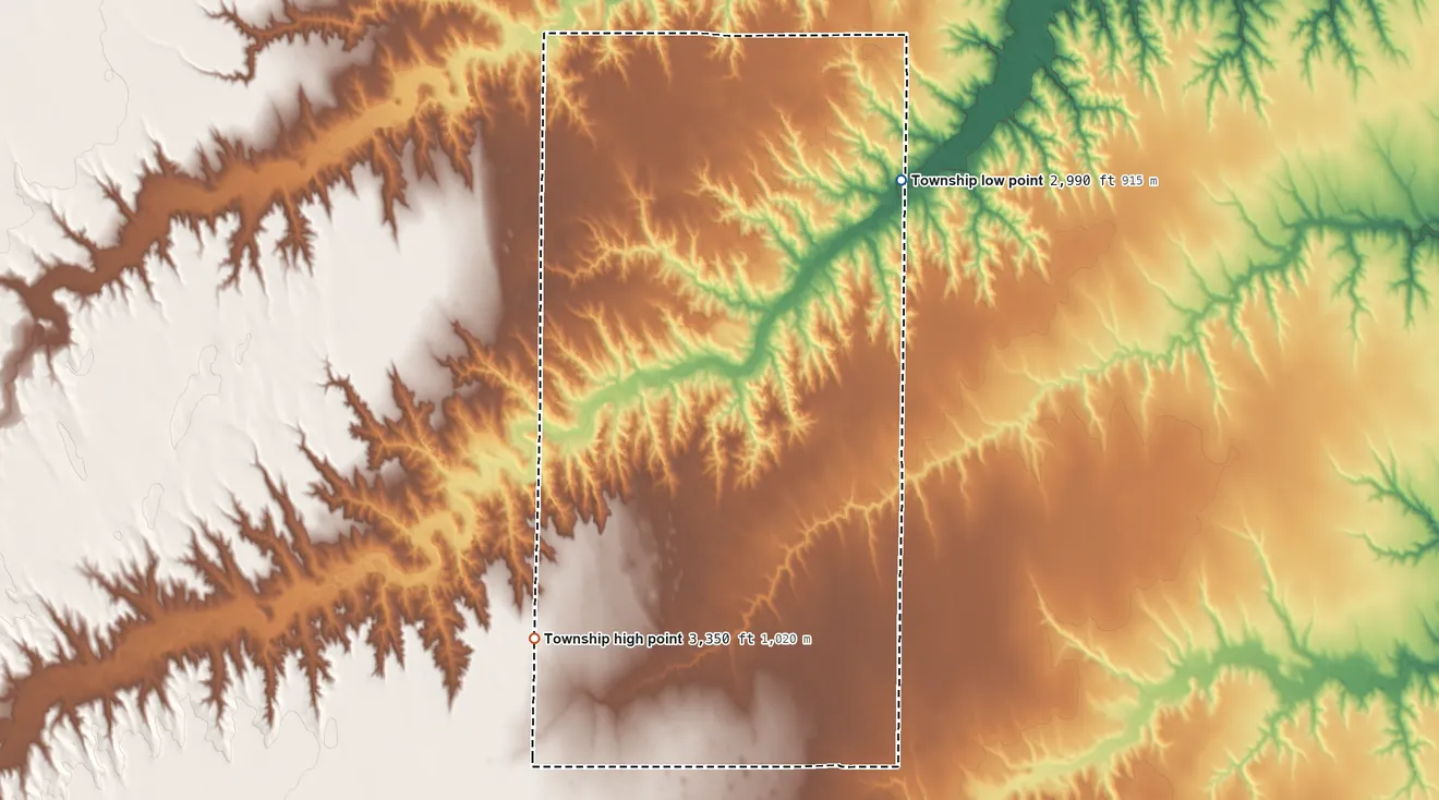 Topographic elevation map of Mirage Township, Kansas, shaded from 2,990 ft on the northeast side to 3,350 ft on the southwest side