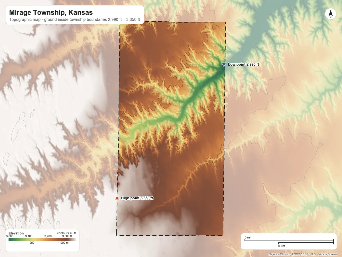 Topographic elevation map of Mirage Township, Kansas, shaded from 2,990 ft on the northeast side to 3,350 ft on the southwest side