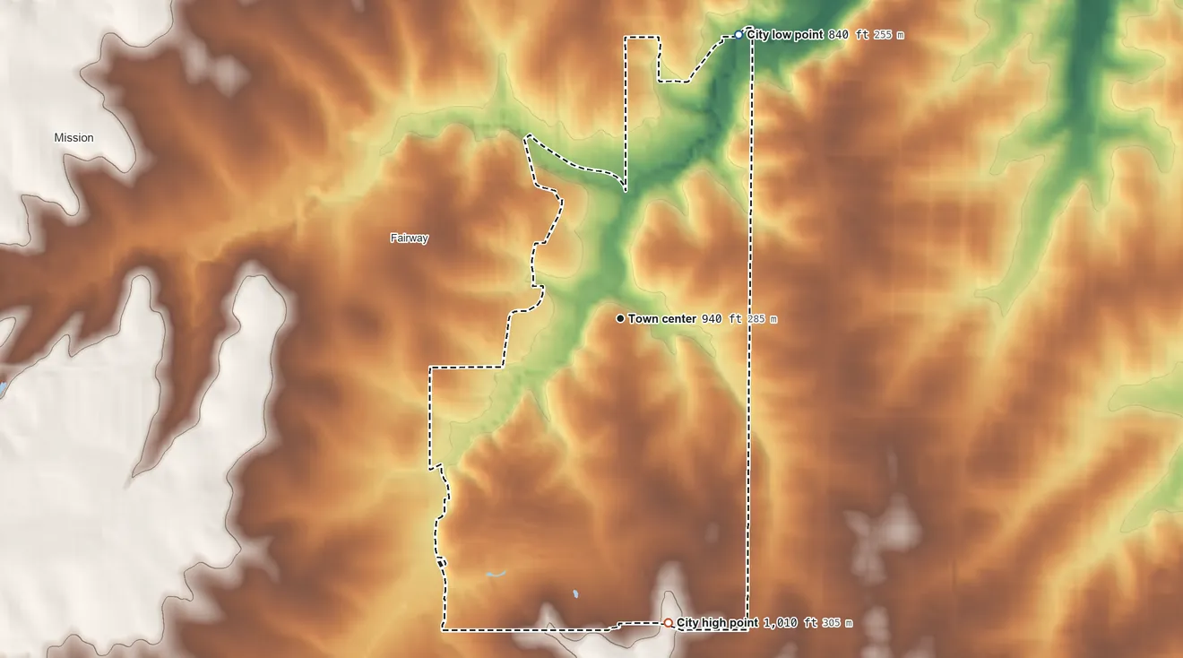 Topographic elevation map of Mission Hills, Kansas, shaded from 840 ft on the northeast side to 1,010 ft on the south side