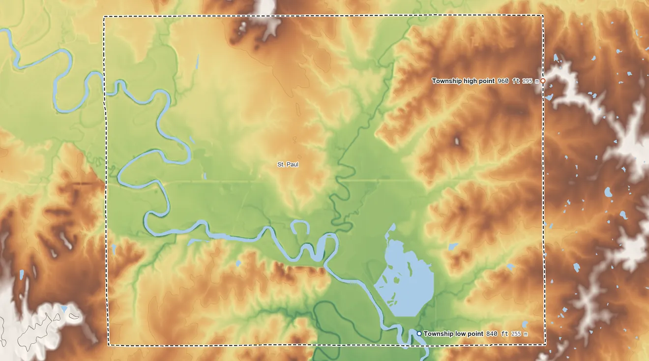 Topographic elevation map of Mission Township, Neosho County, Kansas, shaded from 840 ft on the southeast side to 960 ft on the east side