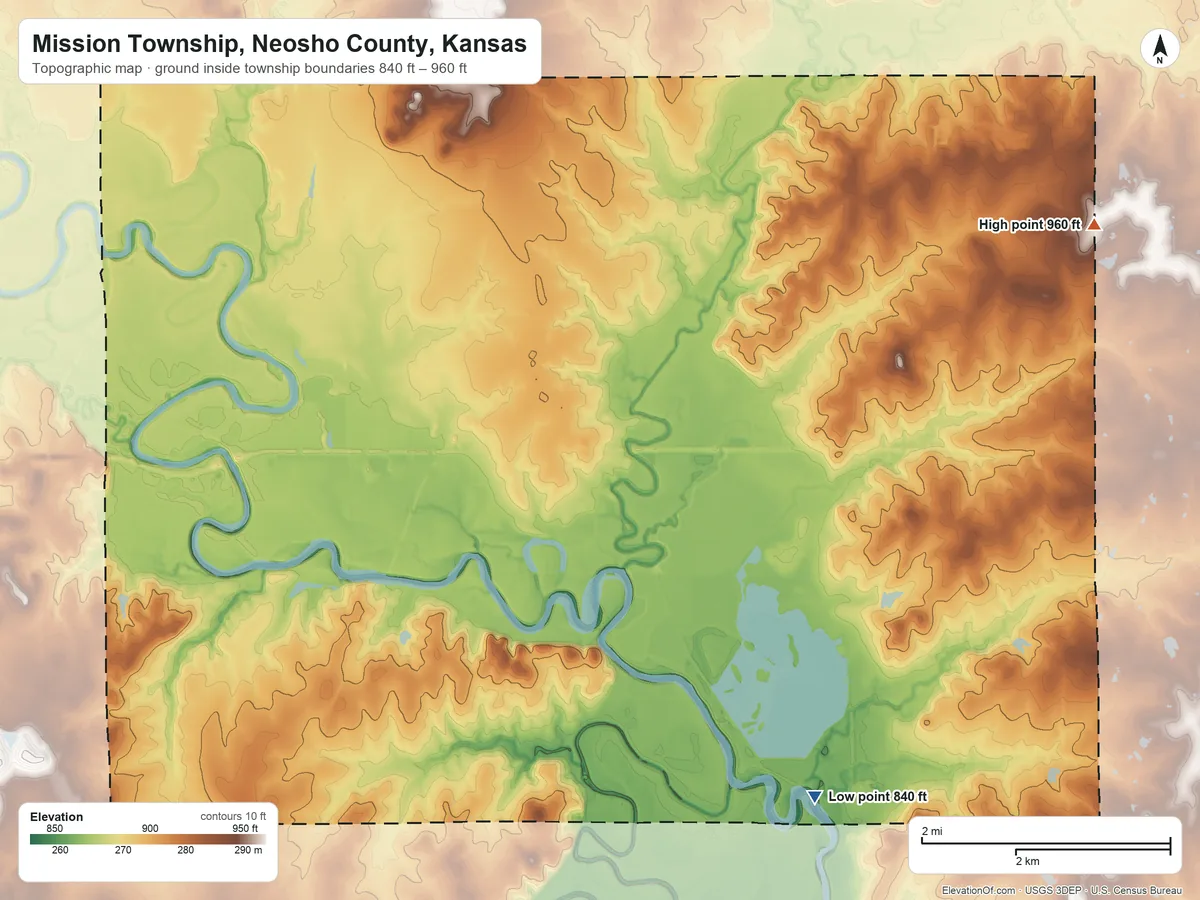 Topographic elevation map of Mission Township, Neosho County, Kansas, shaded from 840 ft on the southeast side to 960 ft on the east side