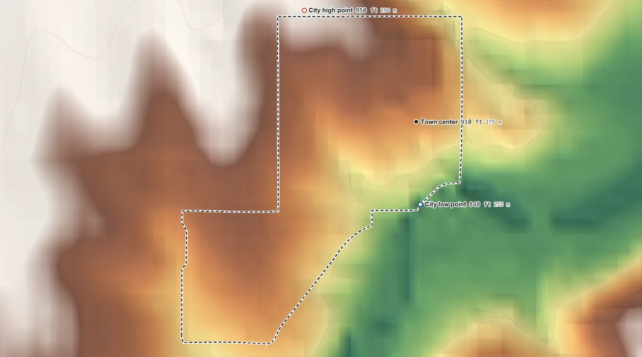 Topographic elevation map of Mission Woods, Kansas, shaded from 840 ft on the south side to 950 ft on the northwest side