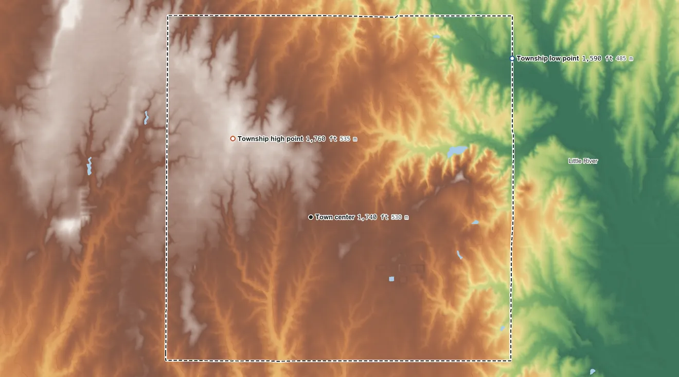 Topographic elevation map of Mitchell Township, Rice County, Kansas, shaded from 1,590 ft on the northeast side to 1,760 ft on the northwest side