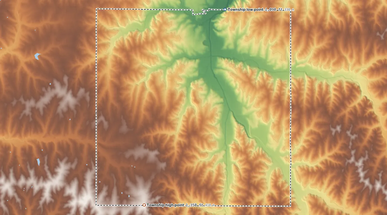 Topographic elevation map of Mitchell Township, Kansas, shaded from 1,090 ft on the north side to 1,350 ft on the southwest side
